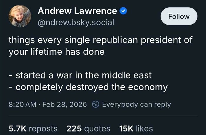 Social media post criticizing Republican presidents for starting war and damaging economy in brutally honest political commentary.