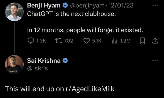 Tweet exchange about ChatGPT disappearing in 12 months, humorously linked to aging badly and facepalming.