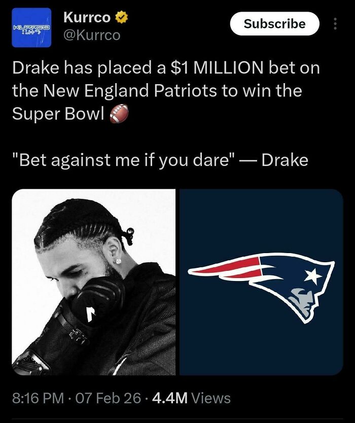 Tweet about Drake betting $1 million on New England Patriots to win Super Bowl, with images of Drake and Patriots logo.