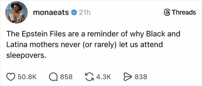 Social media post about Epstein Files highlighting political and social commentary on race and parenting concerns.