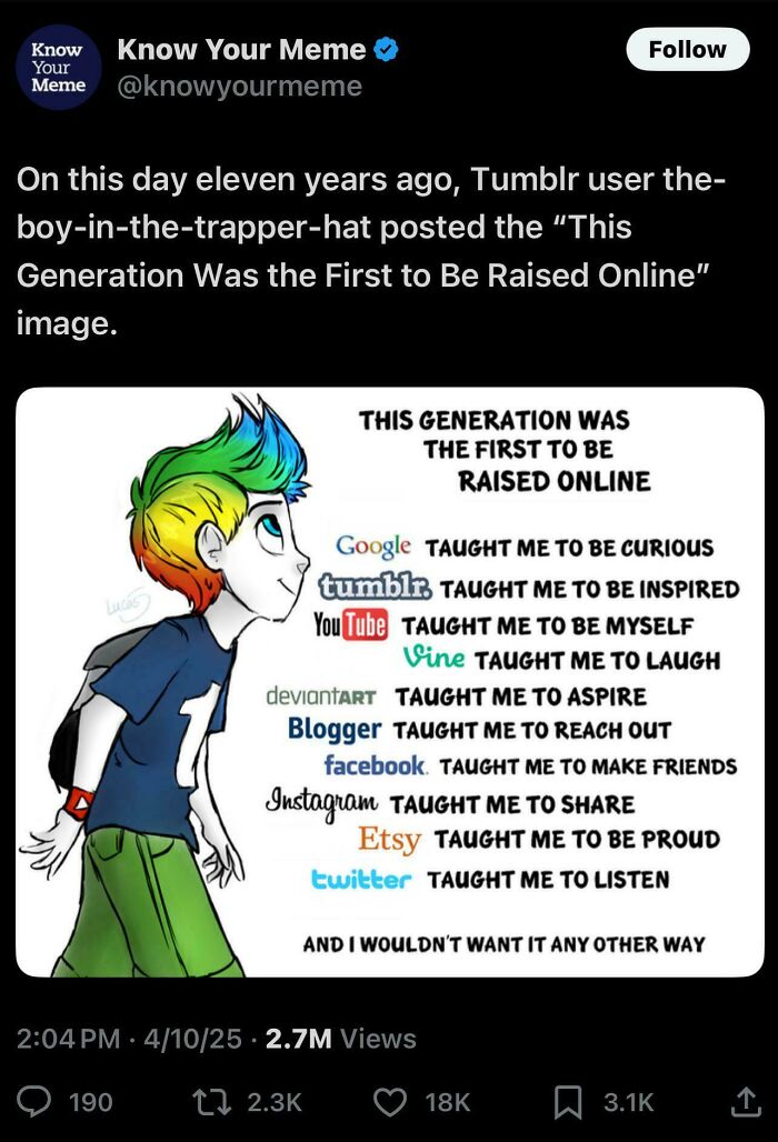 Young person with rainbow hair and backpack beside text about being raised online, a nostalgic old photo concept.