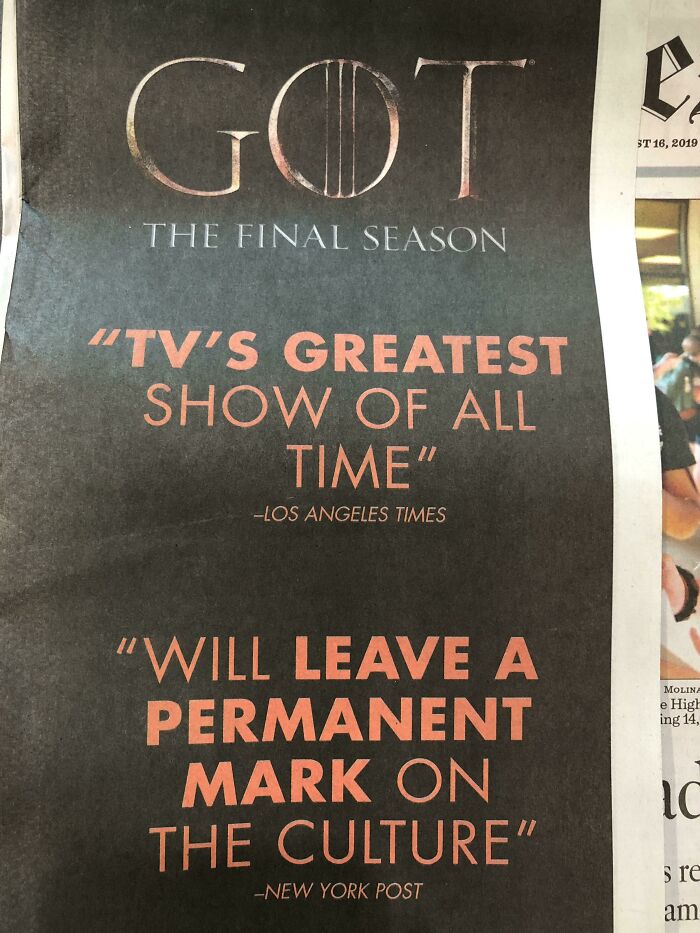 Old photo of a newspaper ad for Game of Thrones final season, showcasing epic TV show quotes that aged badly.