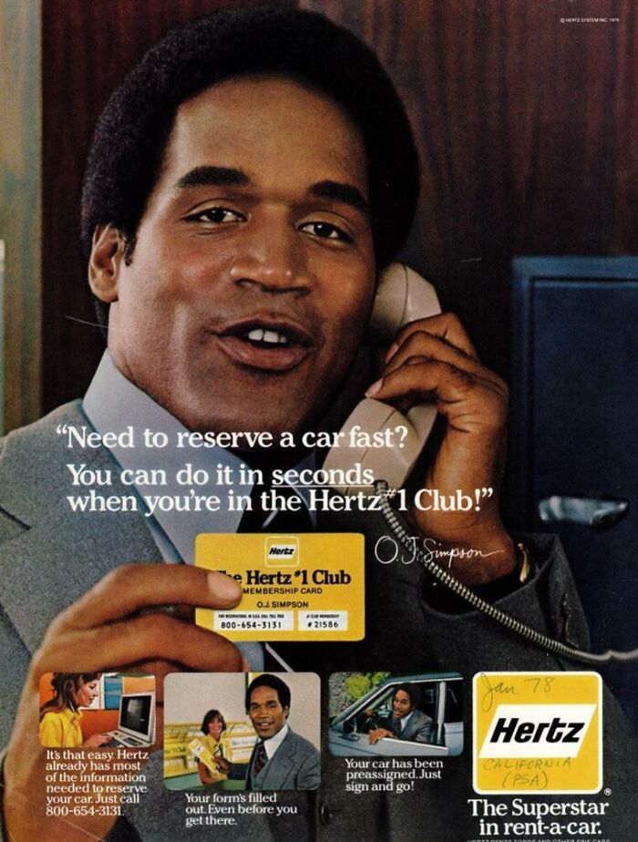 Vintage Hertz car rental ad featuring OJ Simpson promoting the Hertz 1 Club membership card in the 1970s.