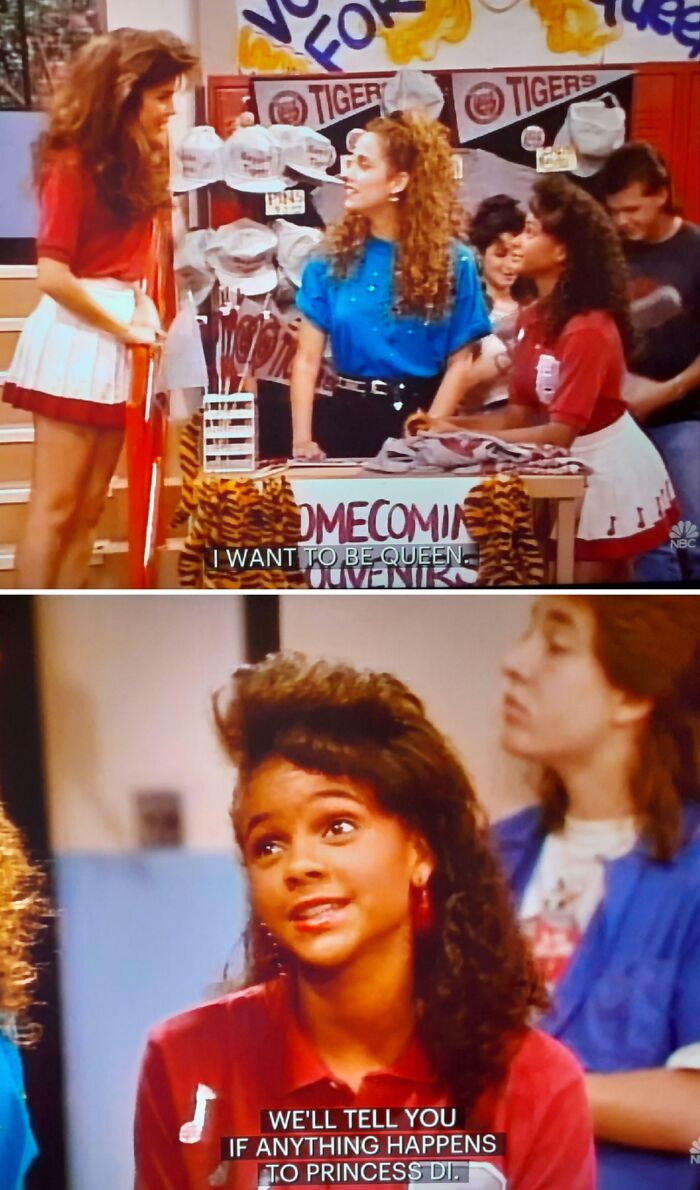 Two scenes from an old TV show featuring 80s style homecoming decorations and fashion, highlighting old photos that aged badly.