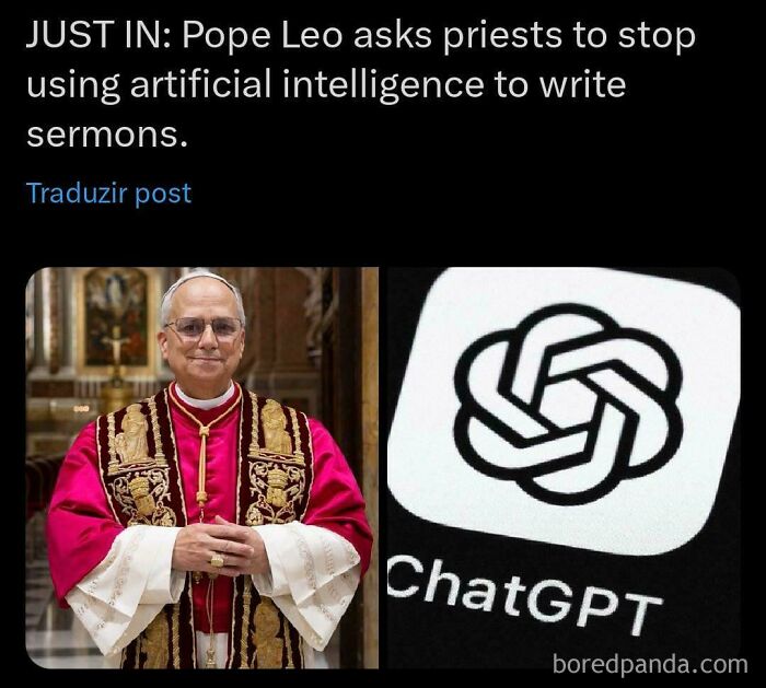 A split image showing Pope Leo and the ChatGPT logo. This image contains funny and unpredictable sentences.