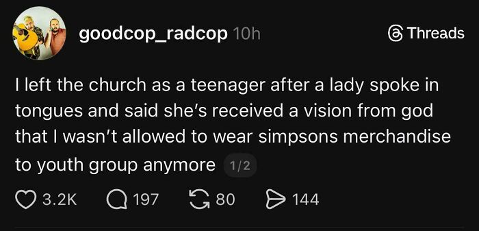A social media post with a funny and unpredictable sentence about leaving church over Simpson's merchandise.
