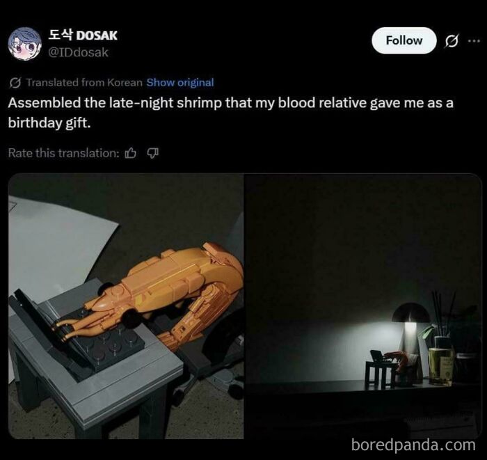 A side-by-side image of a shrimp-shaped object on a laptop and lit by a lamp, part of funny unpredictable sentences.