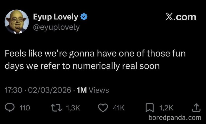 A tweet with a funny, unpredictable sentence about numerically referring to days, hinting at a bad future event.