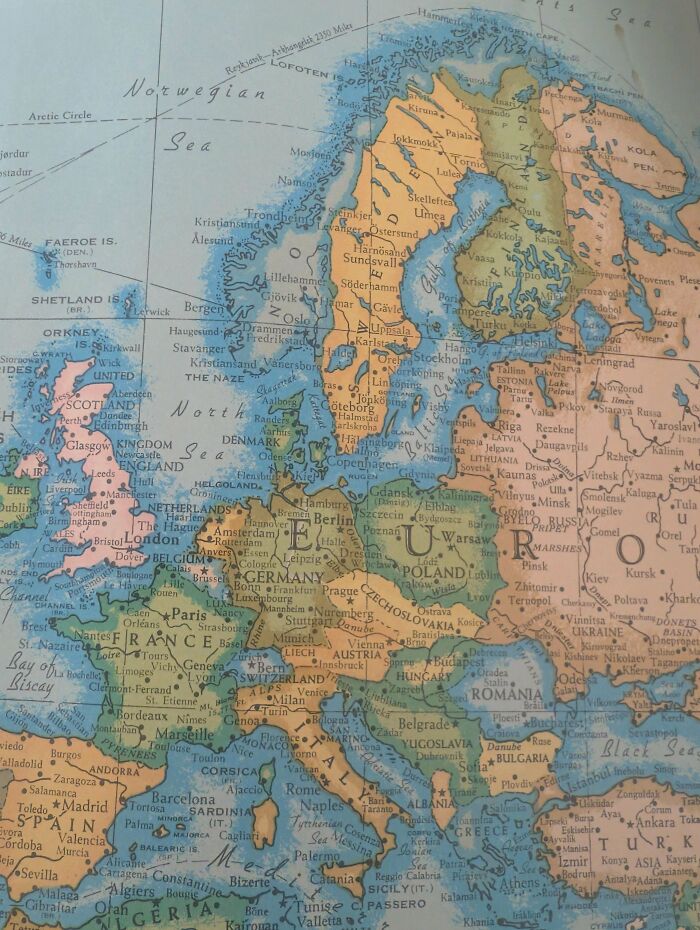 An interesting map of Europe showing detailed countries and cities on a vintage globes style