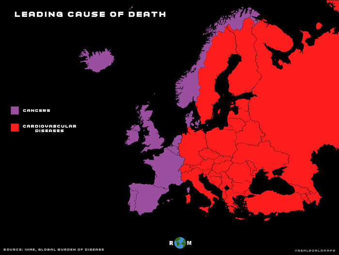 A demographic map of Europe showing the leading cause of d***h by country