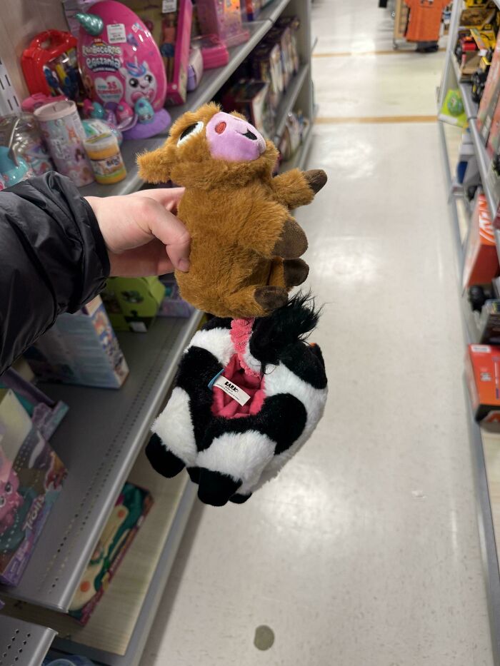 A mildly interesting picture of a plush toy animal with a cow pattern at a store.