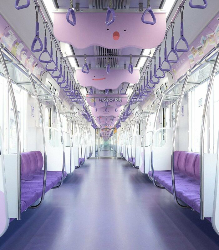 Fascinating pics of a purple-themed train interior with cartoon clouds for a brain boost.