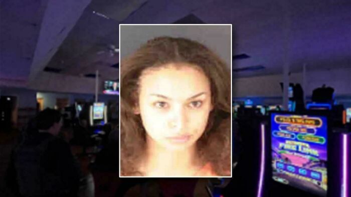 Young woman mugshot inset over casino slot machines in morbid curiosity stories