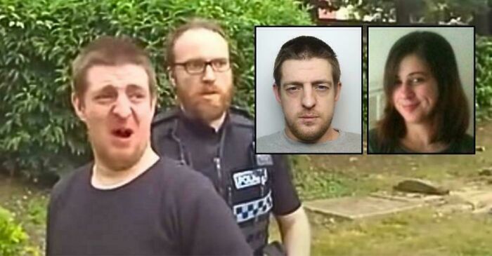 Man in police custody with inset mugshots related to a crime story
