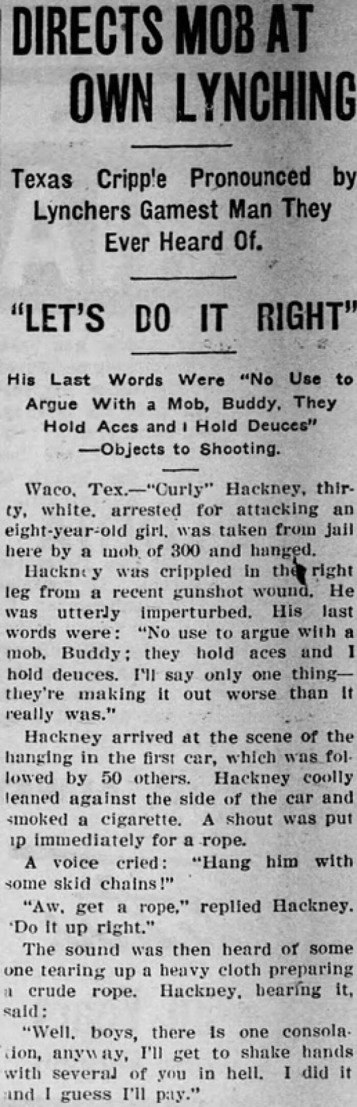 Vintage newspaper clipping about a Texas mob lynching and last words before e*******n