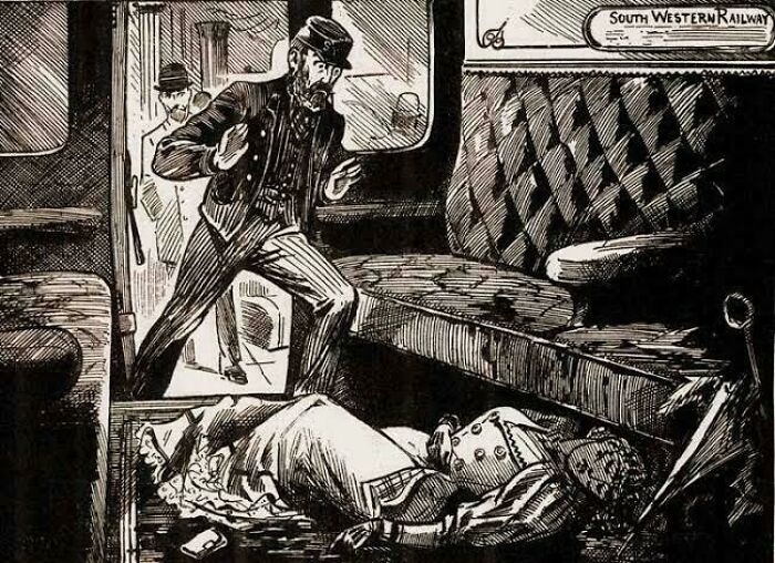 Black and white vintage drawing of a man discovering a body in a train car morbid curiosity