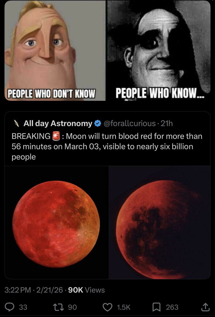 A meme contrasting people who know versus dont know about a blood moon, an instance of people needing the joke explained.
