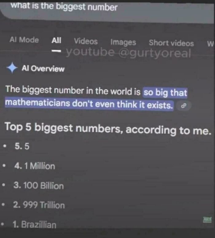 A screenshot of an AI search result about the biggest number, featuring humorous online lies.