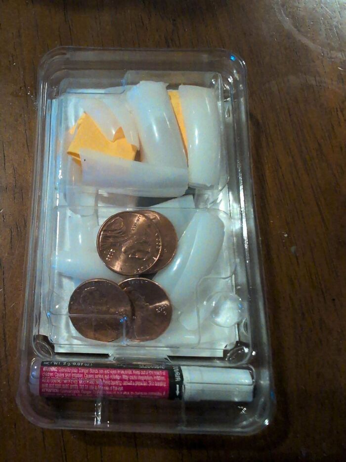 A clear plastic container holding white plastic pieces and several copper pennies, a baffling image.