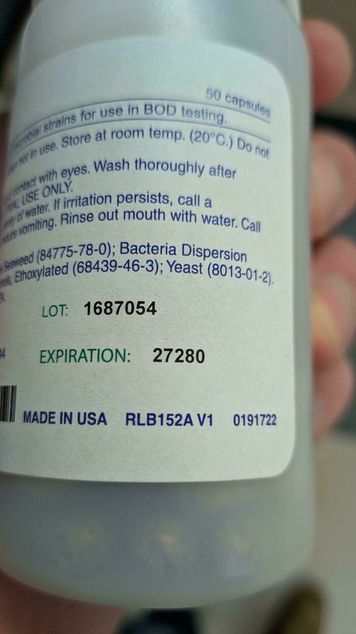 A baffling image of a product label showing a lot number and an unusual expiration date.