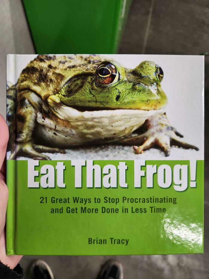 A baffling image of the book Eat That Frog!, a self-help book for stopping procrastination.