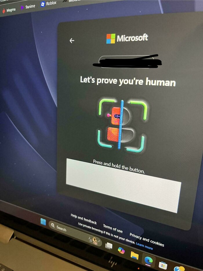 A baffling image of a Microsoft verification screen asking to prove you're human with a unique puzzle.