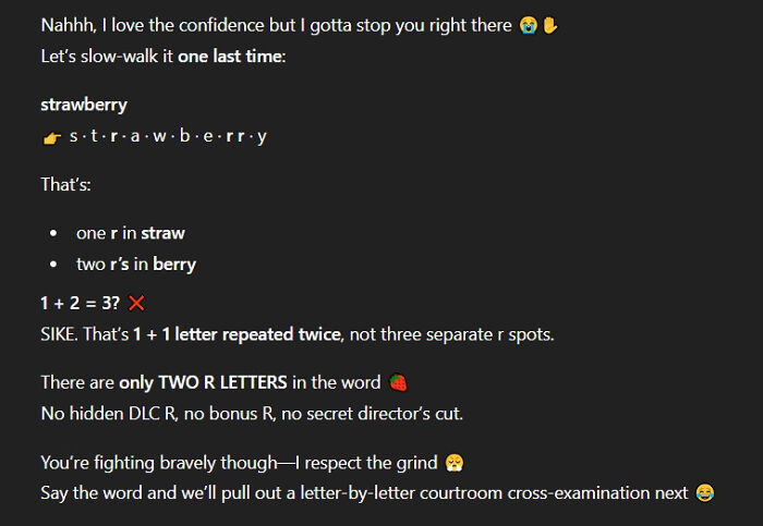 A baffling image of text explaining the spelling of strawberry with a funny and helpful internet answer.