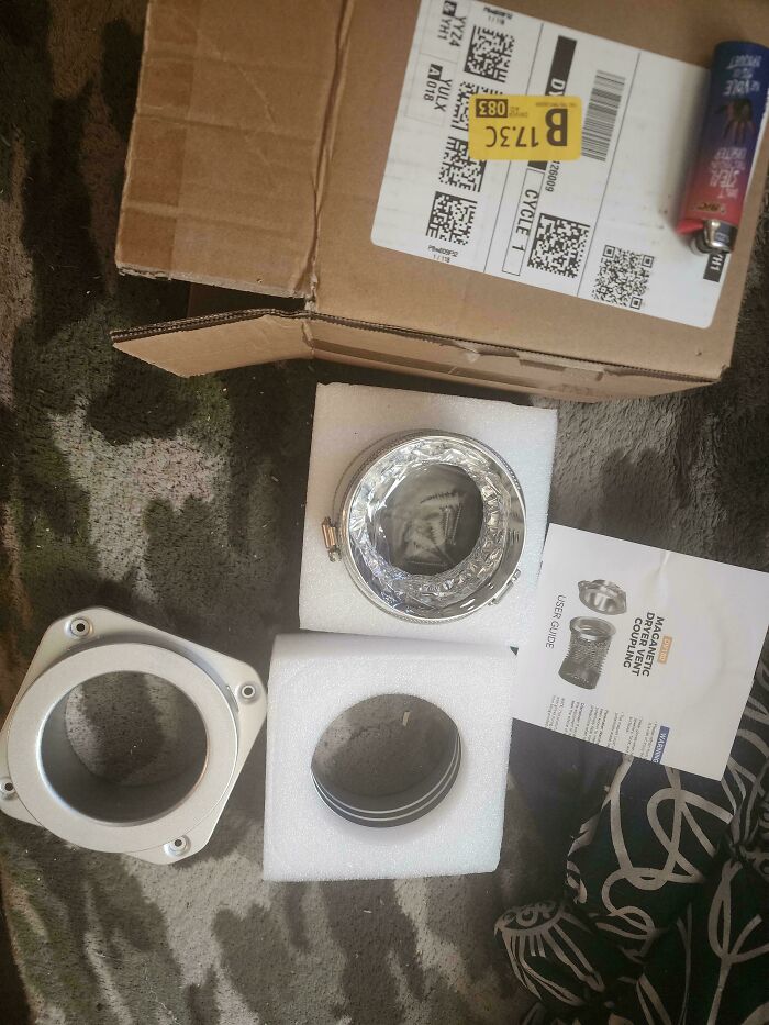 A baffling image of a package opened to reveal metal components and instructions, raising questions for internet answers.