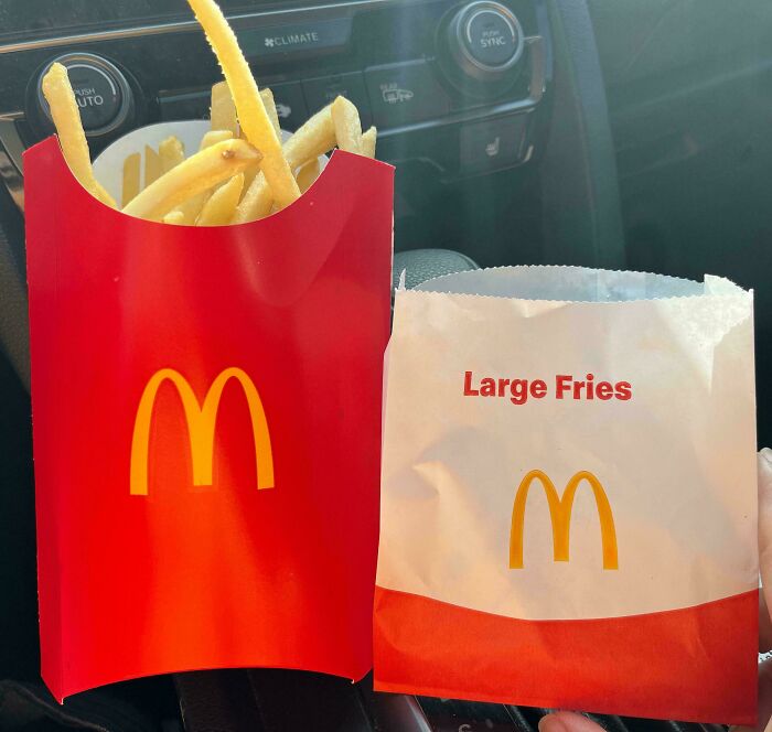 McDonald's fries with large fries packaging appearing smaller than usual