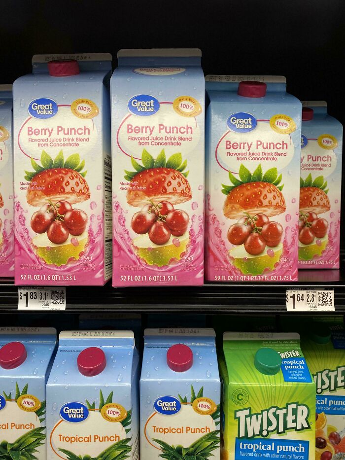 Great Value Berry Punch juice cartons with varying sizes and prices