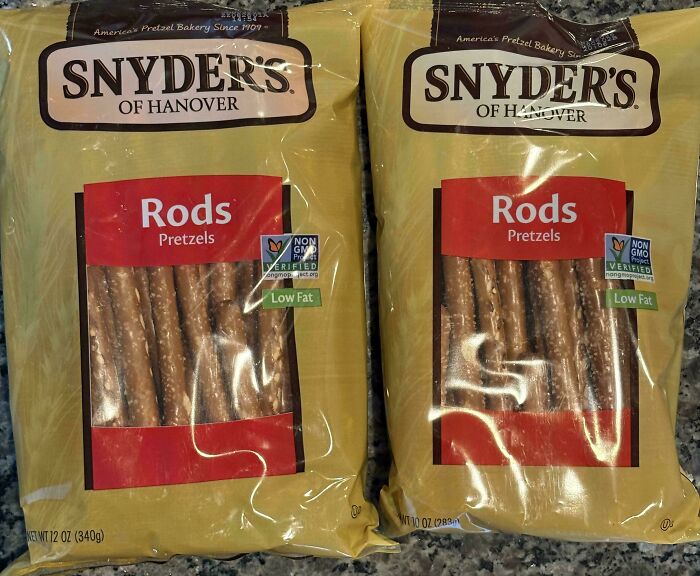 Snyder's of Hanover pretzel rods packages showing thin pretzels inside low fat