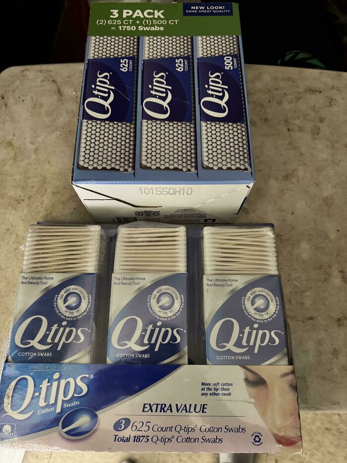 Three-pack Q-tips cotton swabs package with total 1875 count cotton swabs shown