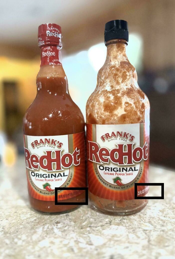 Two Frank's RedHot Original bottles with different volume labels showing inconsistent ounces
