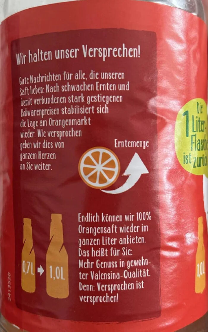 Orange juice label in German explaining bottle size increase from 0.7L to 1L