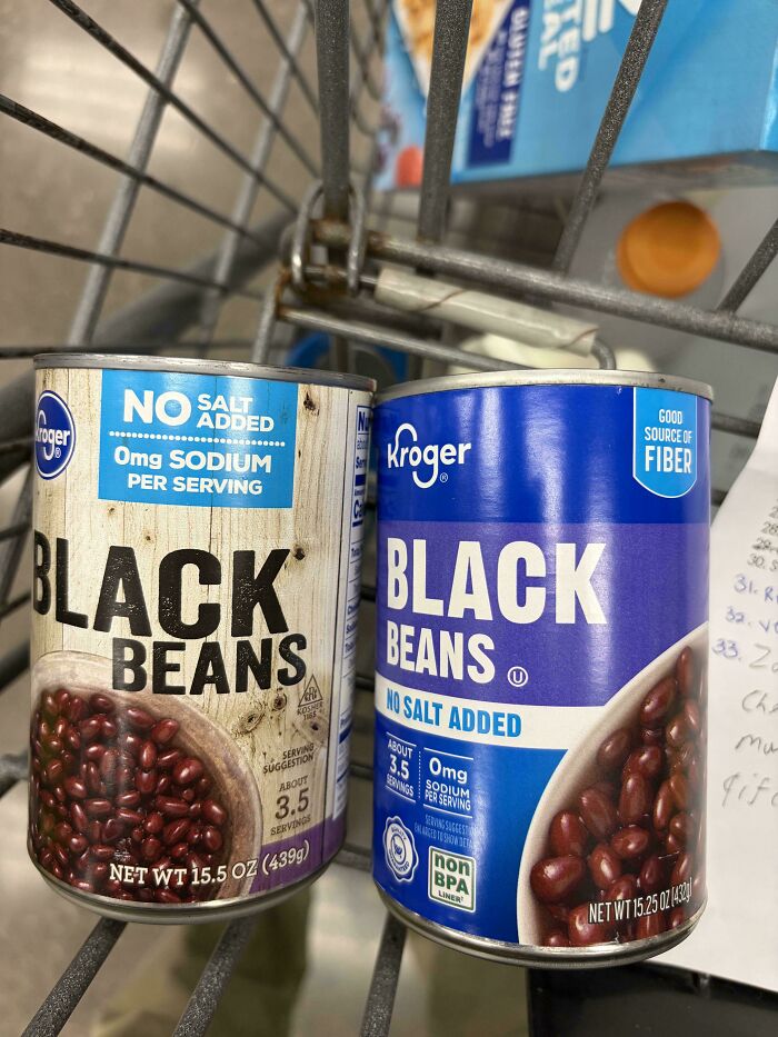 Kroger black beans cans showing different net weights and no salt added labels