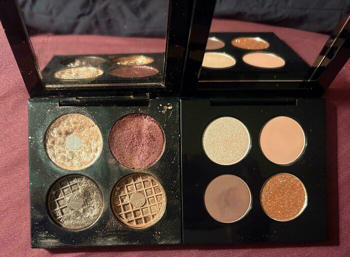 Open eyeshadow palette showing one side mostly used and other nearly full