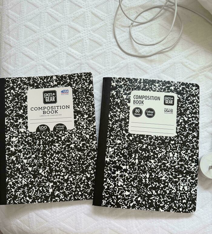 Two composition books with different sheet counts labeled as pen+gear