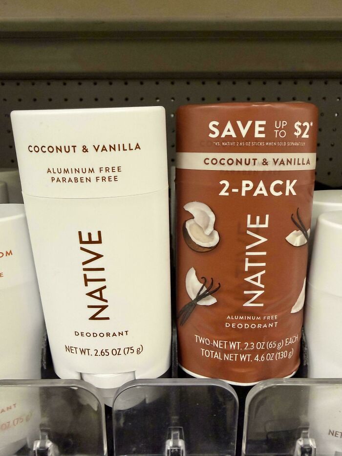 Native coconut and vanilla deodorant packaging showing size difference in multipack