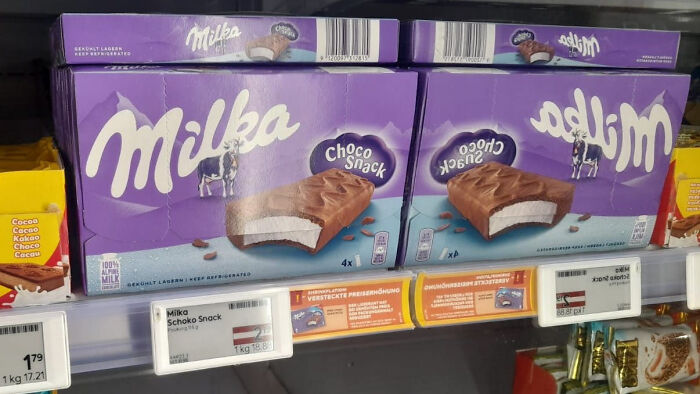 Milka Choco Snack chocolate bars with packaging misprint on supermarket shelf