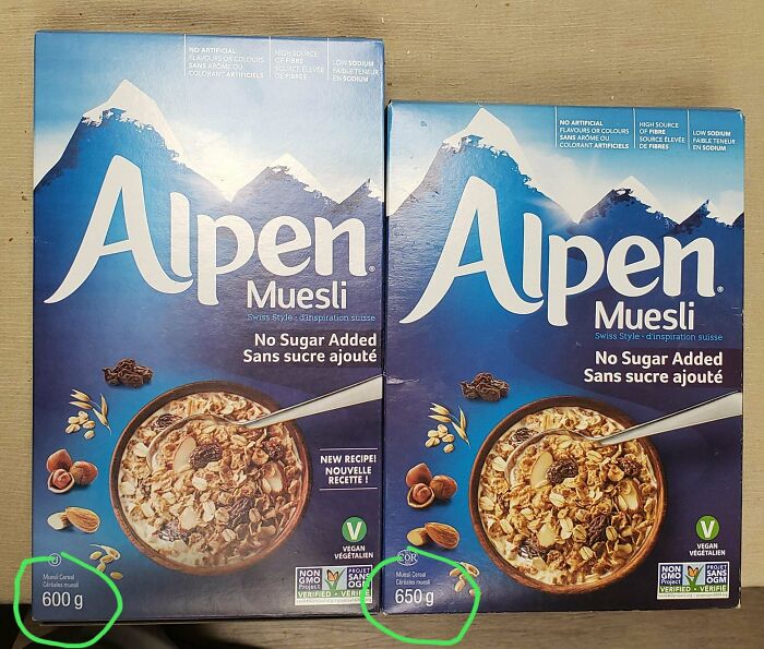 Alpen Muesli no sugar added cereal boxes with different package weights