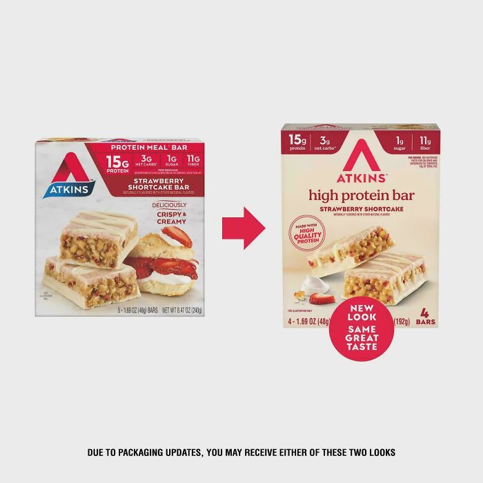 Atkins protein bar packaging showing two different looks for strawberry shortcake bar