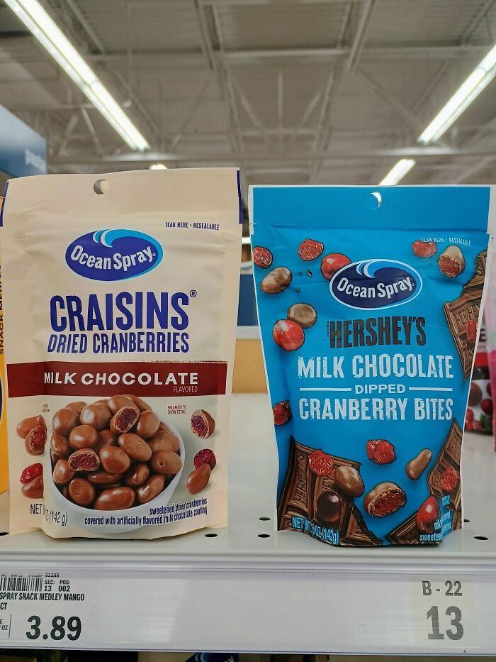Ocean Spray Craisins and Hershey's milk chocolate cranberry bites side by side