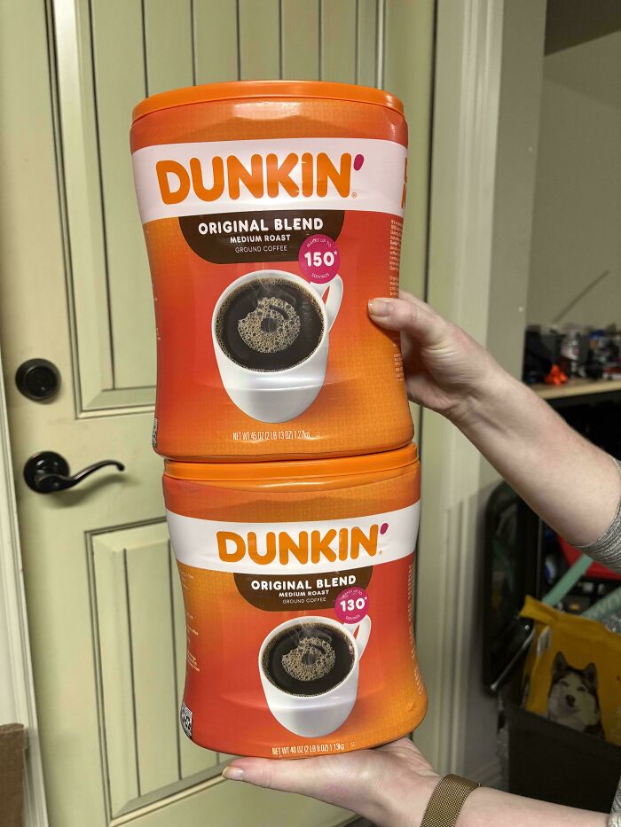 Dunkin Original Blend coffee containers with different stated servings