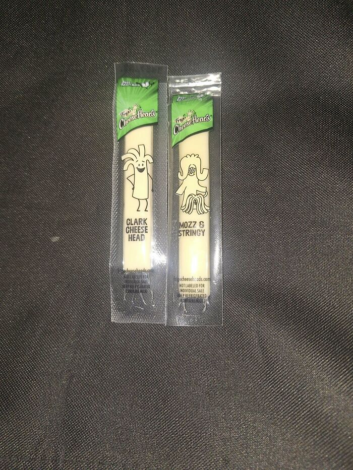 Two cheese stick packages with different cartoon characters in cheese packaging scam