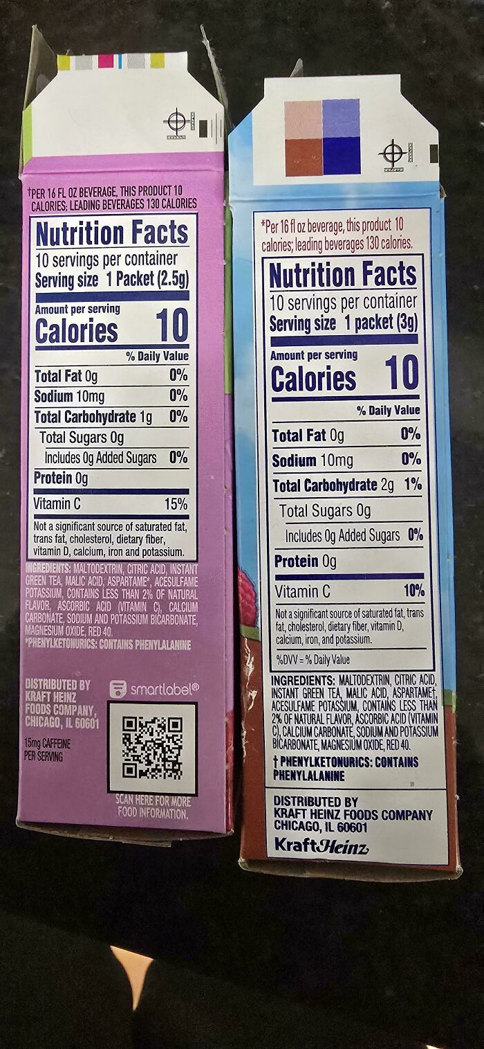 Back of two drink powder boxes showing slightly different serving sizes and nutrition facts