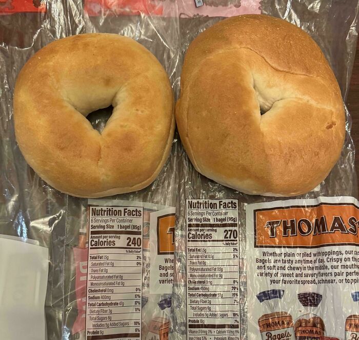 Bagel packages side by side showing different bagel sizes and calories in bagel packaging scam