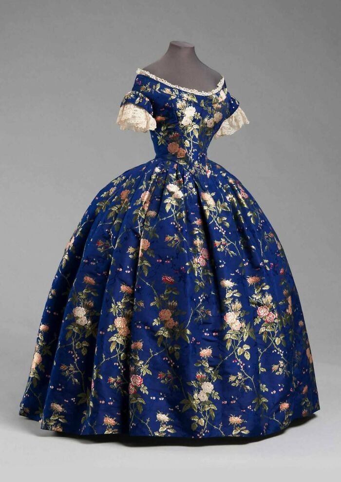 Dress Made In United States, In Silk Brocade, Cotton/Linen Lace, Circa 1850