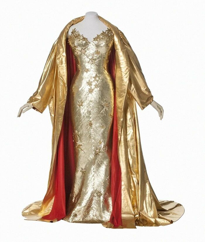 Evening Tulle Dress Embroidered With Rhinestones And Sequins With Metallic Cape Designed By Pierre Balmain, Circa 1952