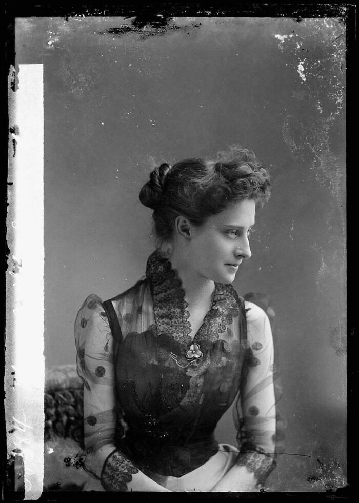 Lady On A Very Interesting Combination Of Sleveless Dress And "Sheer" Lace Shirt With A Pendant In Chain, 1890s. Glass Negative
