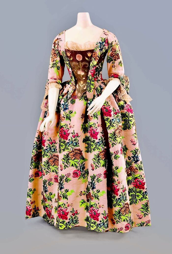 Floral Brocaded Dress, English, The Dress Circa 1760; The Silk Circa 1735